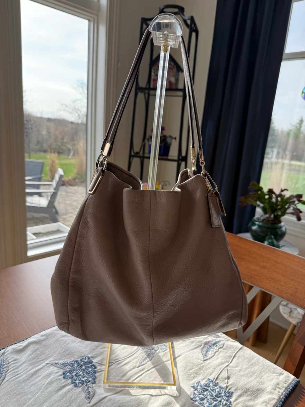 Coach Madison pebbled  Leather Shoulder Tote Bag gray